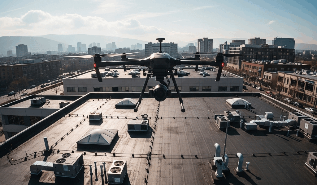 drone flying over a commercial building for roof inspection 20260331 101352