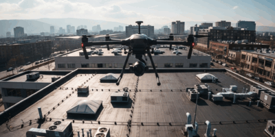 drone flying over a commercial building for roof inspection 20260331 101352