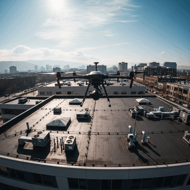 drone flying over a commercial building for roof inspection 20260331 101352